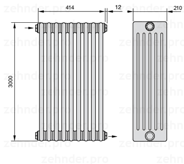 Схема (чертеж) Радиатор Zehnder Charleston 6300/9 №1670 Белый глянцевый RAL 9016
